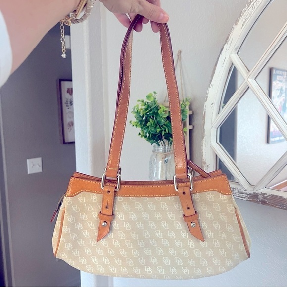 Vintage Dooney and Bourke Tan Leather and Fabric Logo Shoulder Bag - Picture 1 of 12